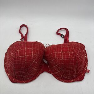 Victorias Secret Lightly Lined Metallic Lace Bra Red With Gold New